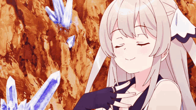 a girl with white hair is smiling with her eyes closed in front of some crystals