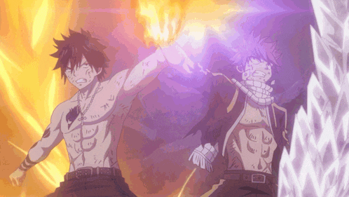 two anime characters are standing next to each other