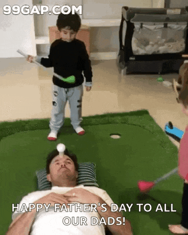 a man laying on the floor with a child playing golf and the words happy fathers day to all our dads