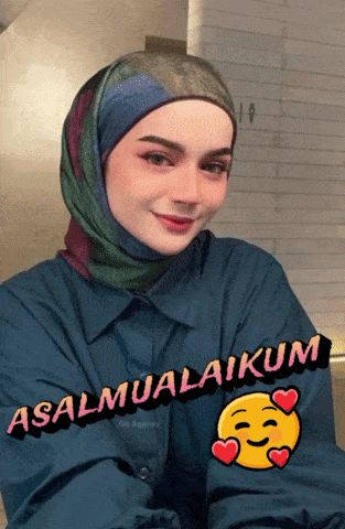 a woman wearing a hijab says " asalmualaikum " on the bottom