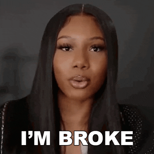 a woman with long black hair is making a funny face and saying `` i 'm broke '' .