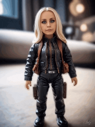 a doll in a black leather outfit has the name adz written on the bottom