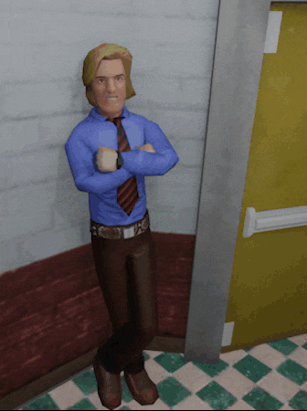 a man in a blue shirt and tie is standing in front of a door