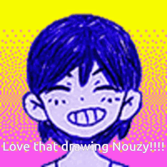 a drawing of a person with blue hair and the words `` love that drawing nouzy '' .