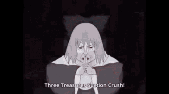 a cartoon of a man with the words `` three treasures suction crush '' written on the bottom .