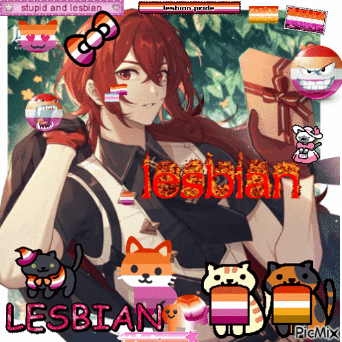 a picture of a girl with the word lesbian in red