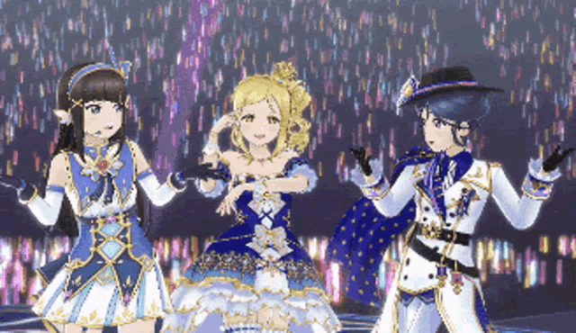 three anime characters are standing next to each other on stage