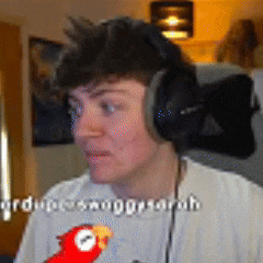 a man wearing headphones and a shirt with a bird on it