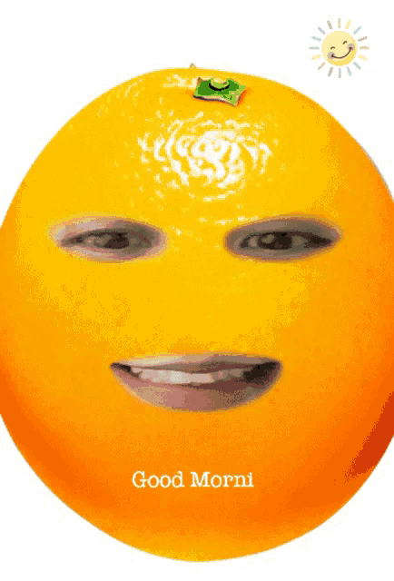 an orange with a face and the words " good morni " below it