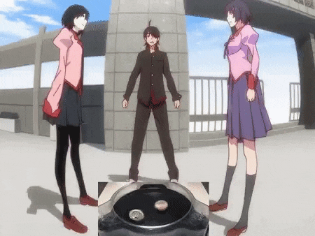 a group of anime characters standing next to each other in front of a bridge