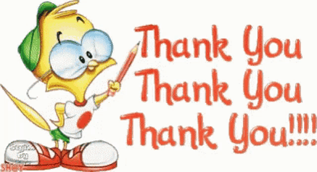 a cartoon duck holding a pencil with the words thank you thank you thank you !!!