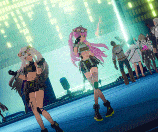 a group of anime characters standing on a stage