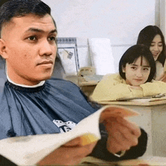 a man wearing a blue cape is reading a book in a classroom