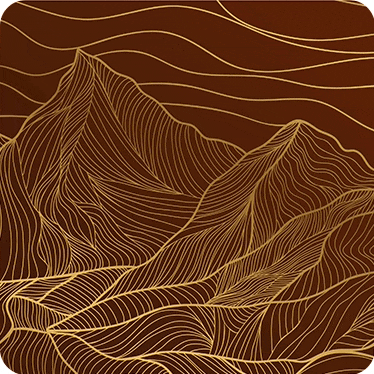 a drawing of a mountain range with a brown background and gold lines