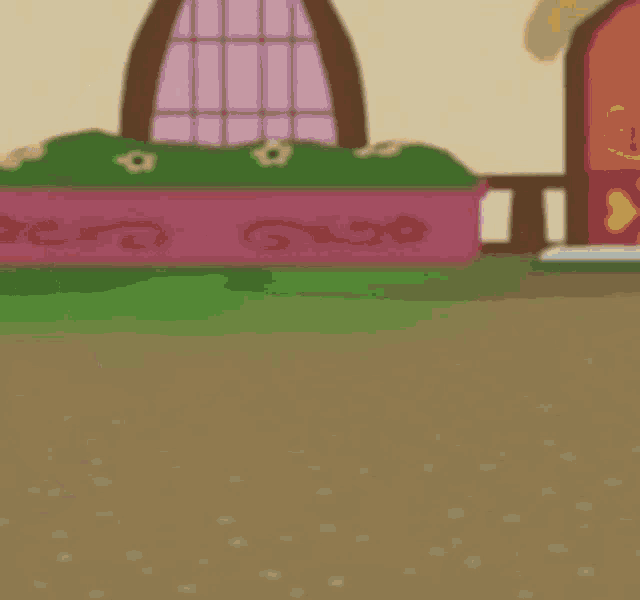 a cartoon pony with a blue mane and tail is walking on a sidewalk .