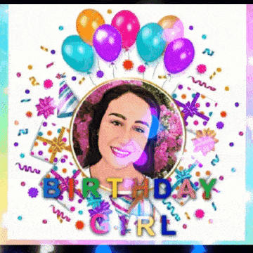 a birthday card for a girl with balloons presents and confetti