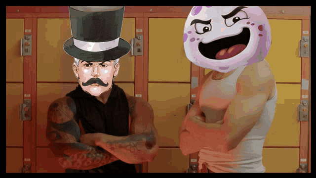 a man with a mustache and top hat stands next to a man with a cartoon face on his head