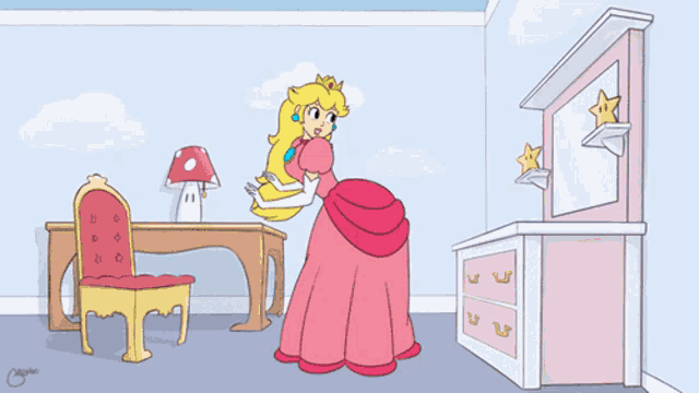 a cartoon of princess peach standing in front of a mirror