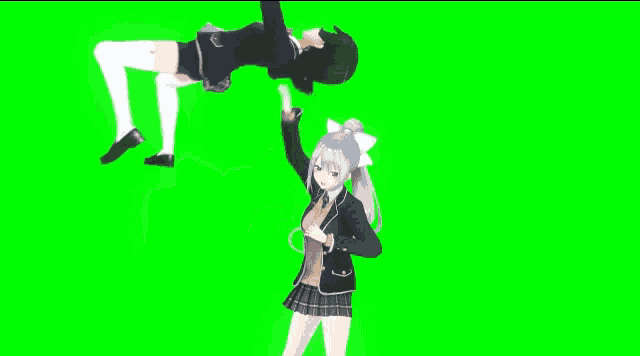 two anime girls are dancing on a green background