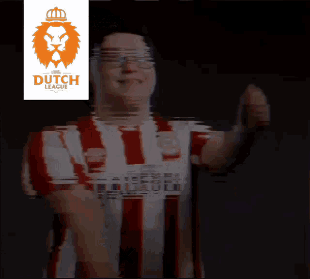 a man wearing a red and white striped jersey with the dutch league logo on it