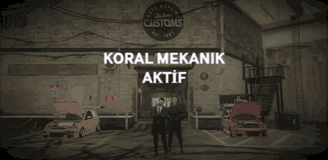 two men stand in front of a building that says koral mekanik