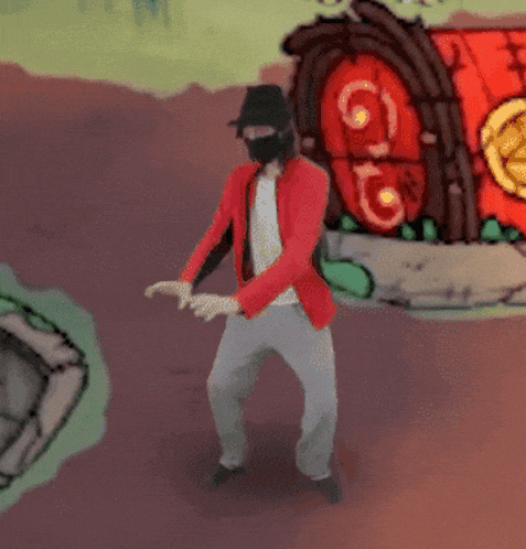 a man wearing a mask and a top hat stands in front of a red door