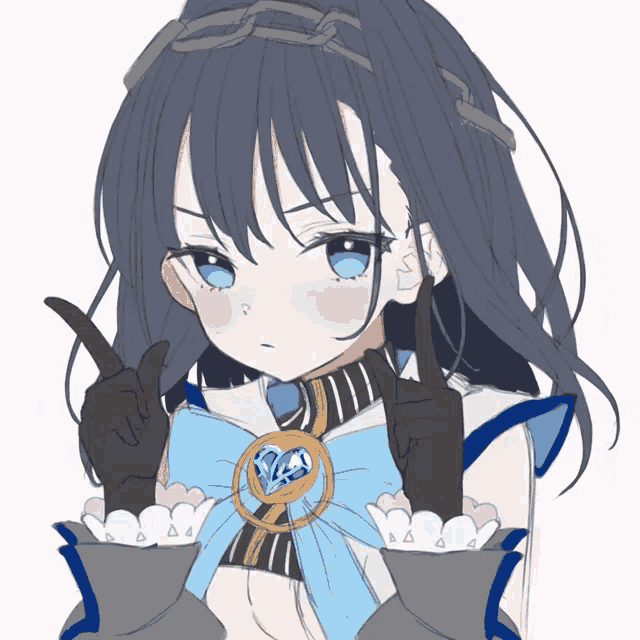 a drawing of a girl with blue eyes and black gloves pointing up