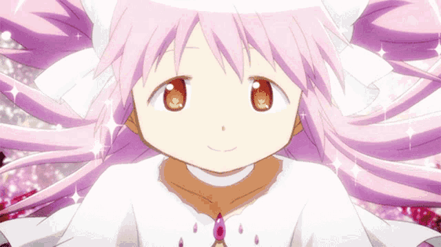 a close up of a girl with pink hair and a white dress