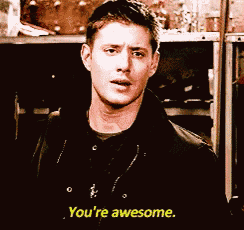 a man in a black jacket says " you 're awesome " in yellow letters