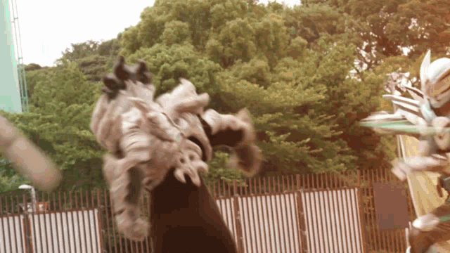 a person in a fur coat is standing in front of a fence with trees in the background