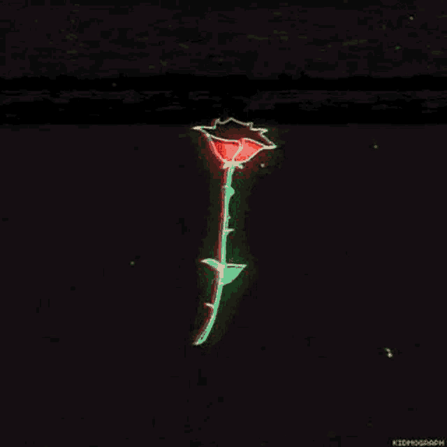 a neon rose is glowing in the dark with a black background .