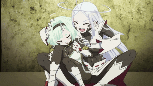 a couple of anime characters sitting next to each other with one having a halo on her head