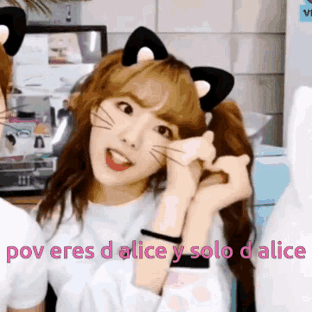 a girl with cat ears and the words pov eres d alice y solo d alice behind her