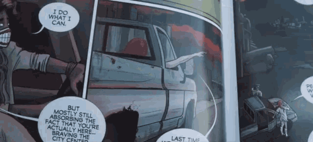 a comic book page that says i do what i can but mostly still absorbing the fact that youre actually here braving the city center