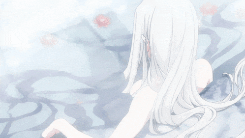a girl with white hair is laying in a bathtub