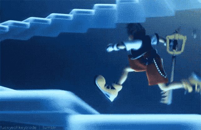 a video game character is jumping in the air with a sword