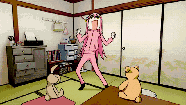 a cartoon drawing of a girl dancing in a room with stuffed animals