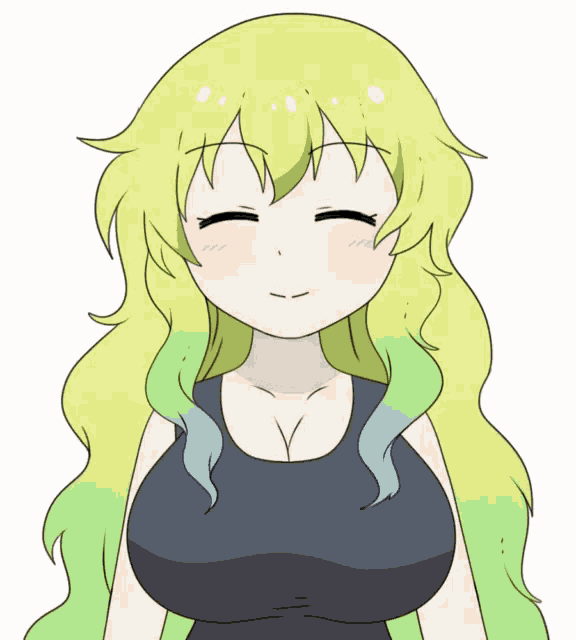 a cartoon girl with long green hair and a black tank top