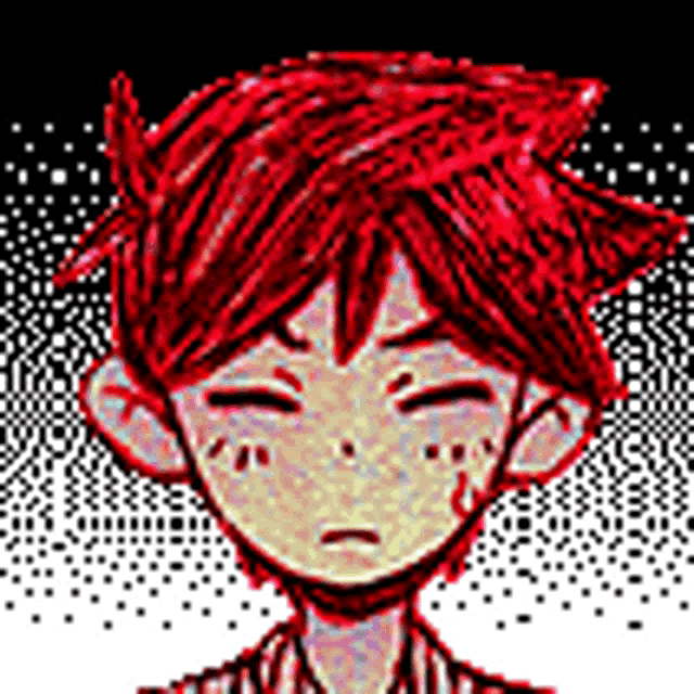 a pixel art drawing of a boy with red hair and a sad face .