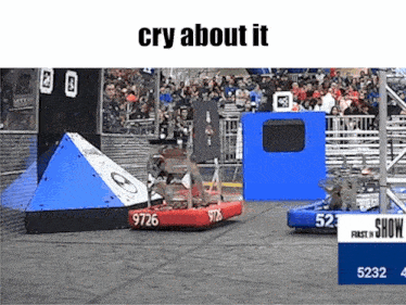 a picture of a robot race with the words cry about it on the bottom