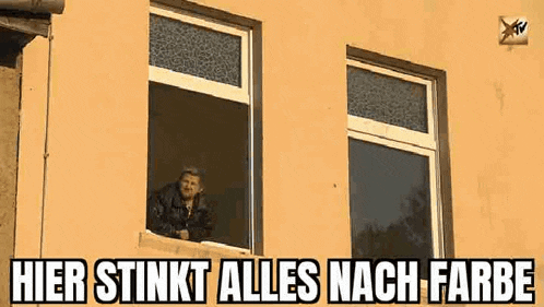 a woman is looking out of a window with the words `` hier stinkt alles nach farbe '' .