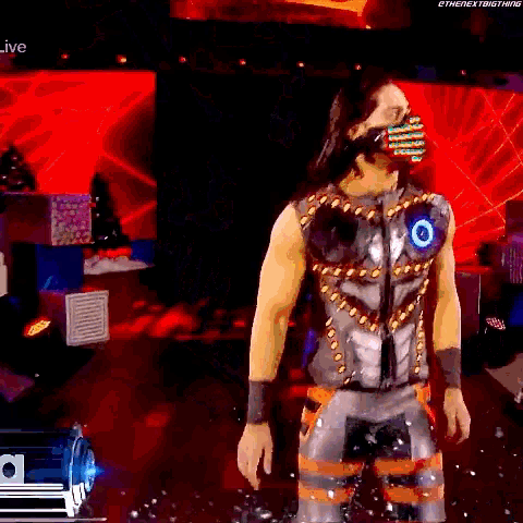 a wrestler wearing a mask and a vest that says ethenextbig thing