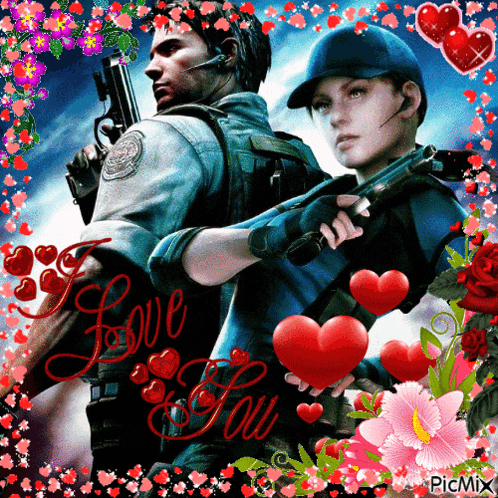 a picture of a man and a woman holding guns with the words love you written on the bottom
