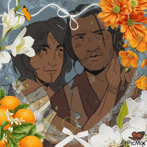 a picture of a man and woman surrounded by flowers and oranges has picmix written on the bottom right