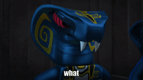 a blue snake with a yellow swirl on it 's face and the words " what " below it