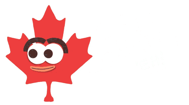 a red maple leaf with a face and a speech bubble that says happy canada eh