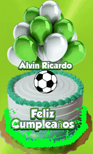 a birthday cake for alvin ricardo with balloons and a soccer ball