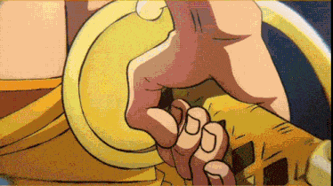 a close up of a cartoon character 's hand holding a sword .