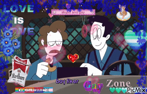 a cartoon of two men with a bag of marlboro cigarettes in the foreground