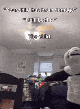 a panda bear is standing in front of a bed with the words " your child has brain damage " on the bottom
